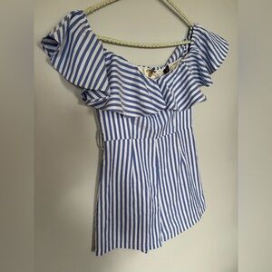 Striped Off-Shoulder Ruffle Romper - Size XS